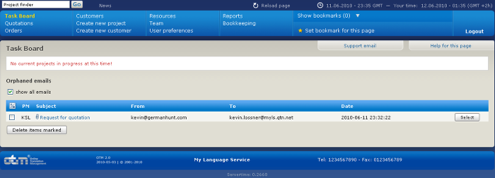 The OTM Task Board shows an "orphaned e-mail"