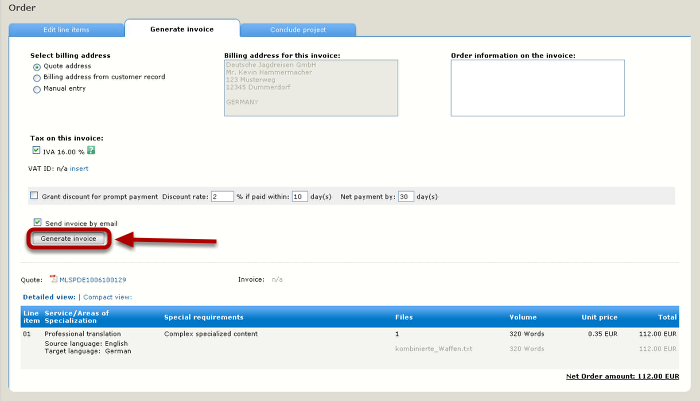 Tab for generating an invoice