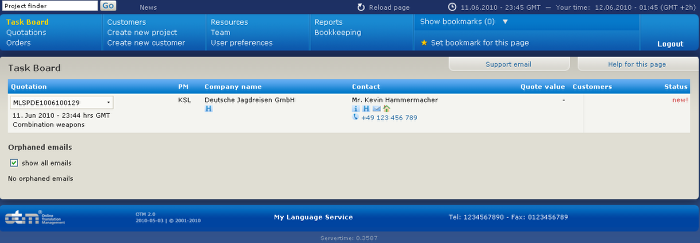 The task board shows the new quotation request