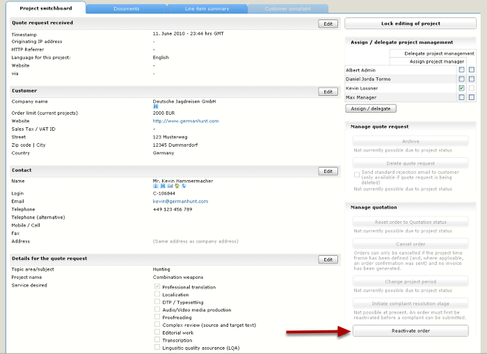 Project switchboard view for a closed order (finished project)