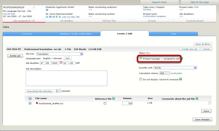 Create / Edit job view