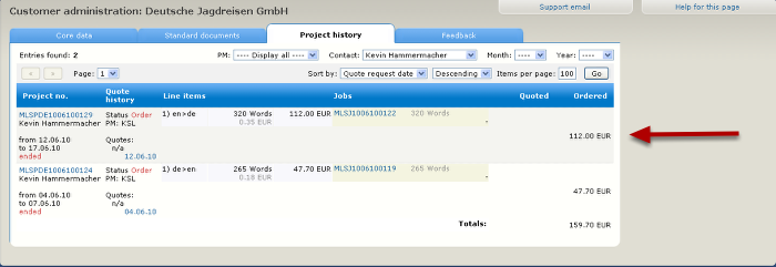 Customer's project history