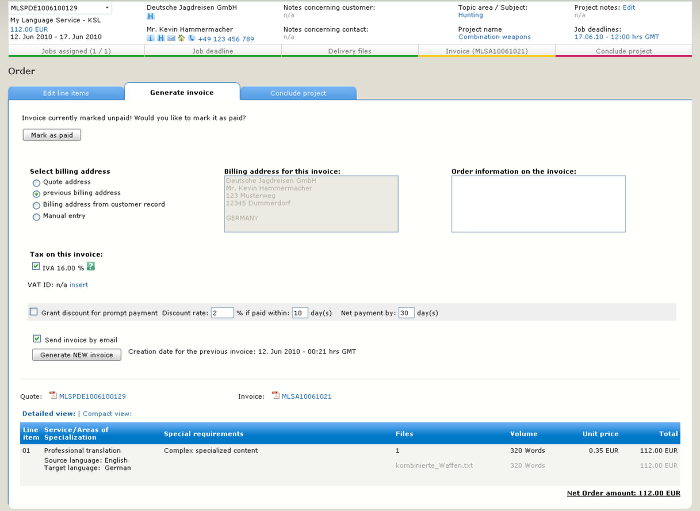 Generate invoice tab after the invoice has been created