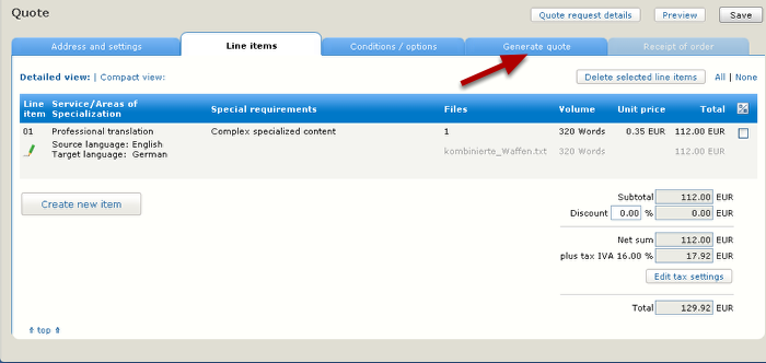 Completed line item and quotation cost summary